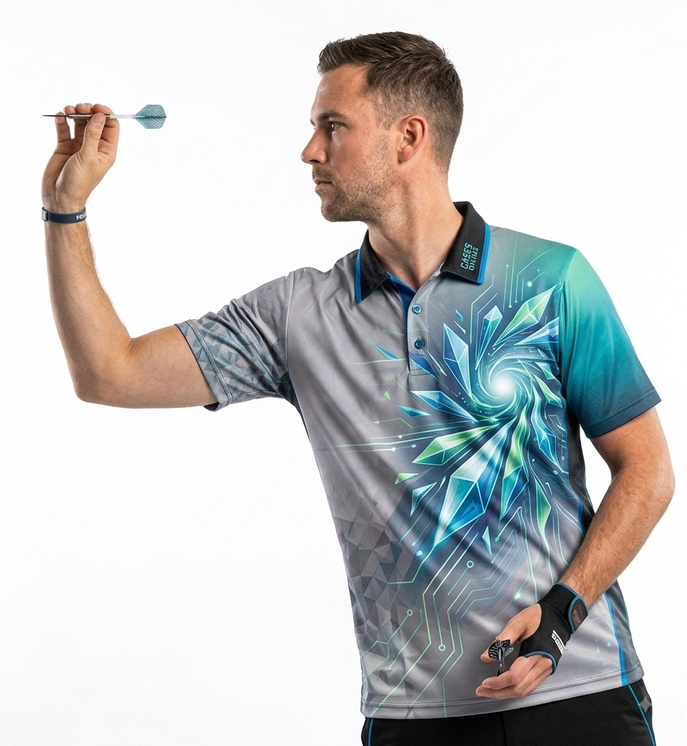 Darts player mid-throw wearing a custom Sportswear of Tomorrow polo